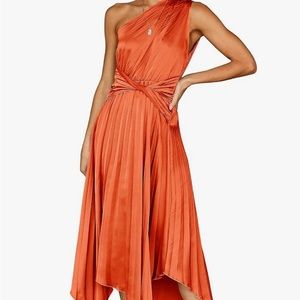 One shoulder midi sleeveless twisted pleated asymmetric satin cocktail dress
